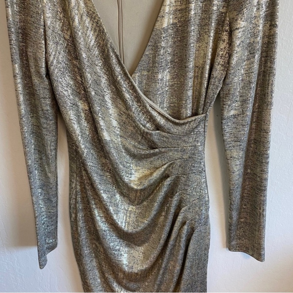 NWOT Calvin Klein Metallic Long Sleeve Faux Wrap Sheath Dress - Size 4, Gold - Picture 6 of 9